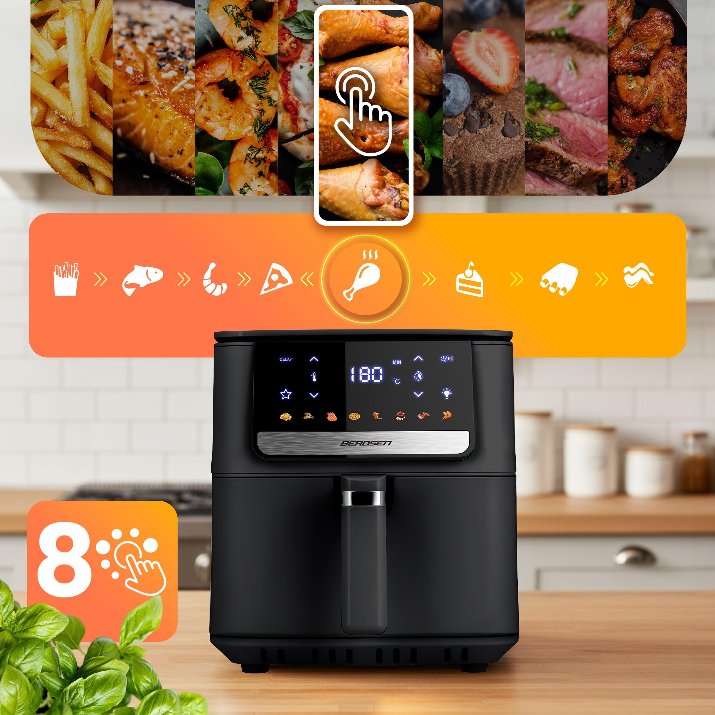 Berdsen Frytkownica Beztłuszczowa Airfryer - 1700 W 6,5 l - Frytkownica na Gorące Powietrze - 8 Programów - Ekran Dotykowy - Czarna