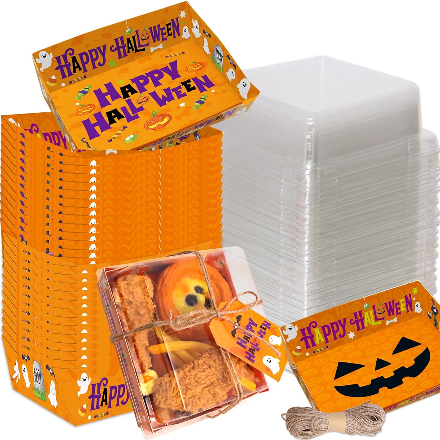 WorldBazaar 50 Pcs Halloween Charcuterie Boxes with Clear Lids Rope Gift Tags 5 Inch Square Disposable Paper Food Containers Bakery Dessert Treat Boxes for Cake Cookie Sandwich Halloween Party Favor