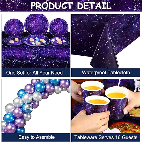 Miniatura 4 de 198 piezas de suministros de fiesta de galaxia espacial, temática del espacio exterior, decoración de fiesta de cumpleaños, juego de vajilla de