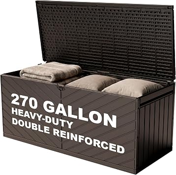Deck Box, Waterproof Resin Outdoor Storage Box with Double-Layer Lockable Lid, UV-Resistant Storage for Patio, Pool, Garden & Backyard, 270 Gallon, Brown