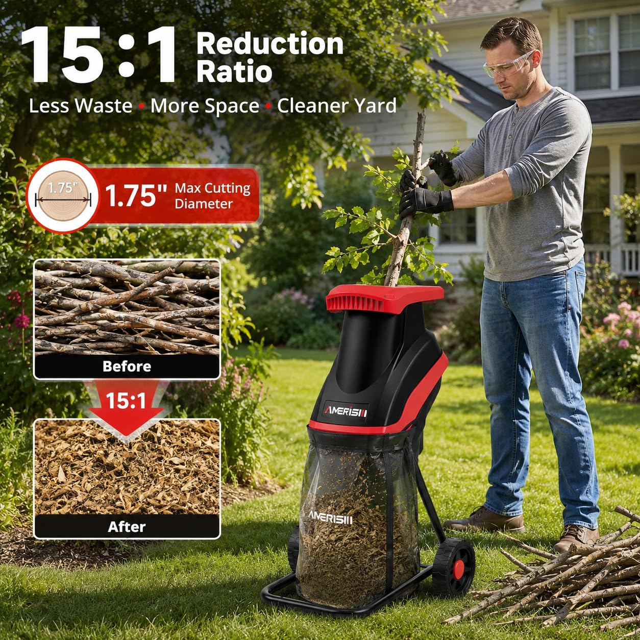 AMERISUN Trituradora eléctrica de Madera de 15 amperios, 4200 RPM con Capacidad de Rama de 1.75 Pulgadas, trituradora portátil de residuos de Patio con Bolsa de recolección de 50 L para Limpieza de