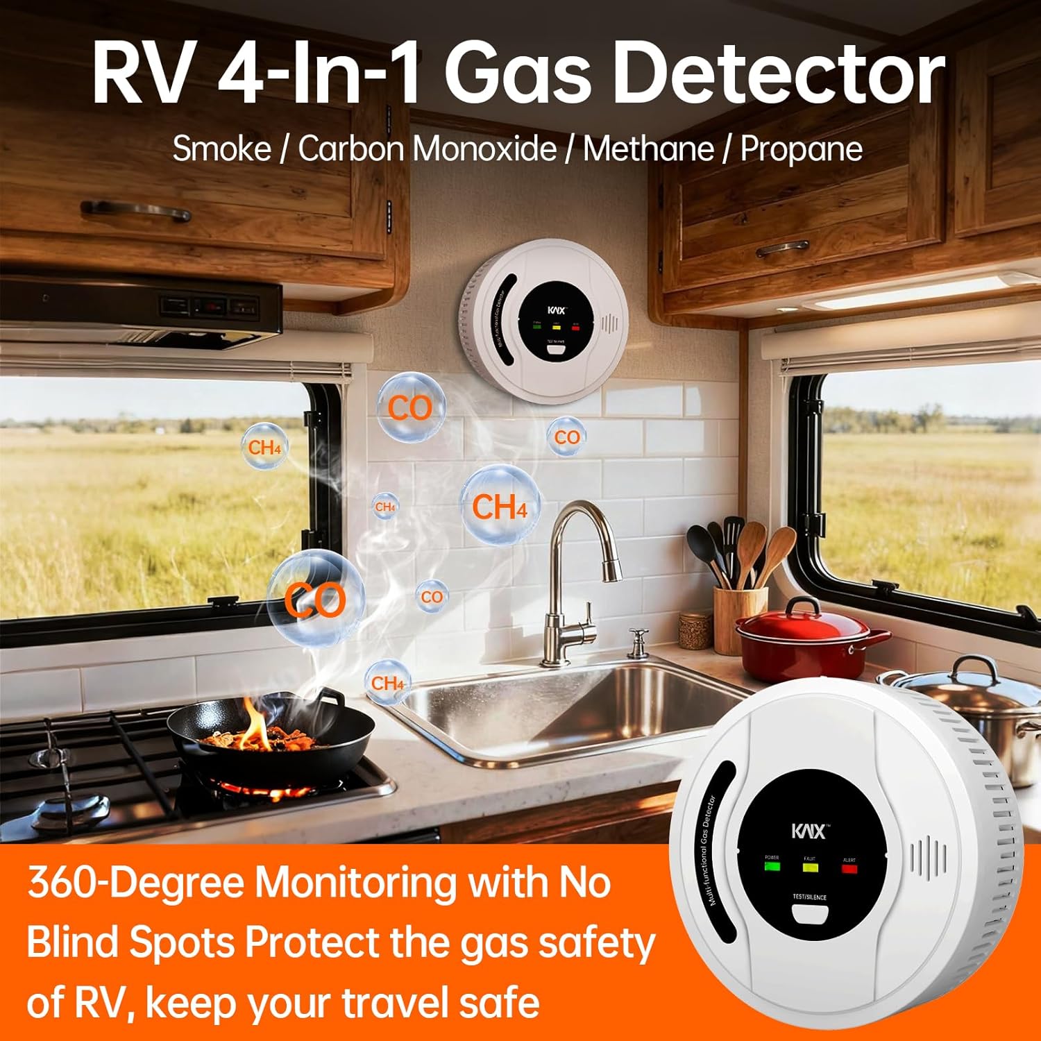 4-in-1 RV Propane Gas Detector, RV Carbon Monoxide Detectors, Smoke Detector, Natural Gas Detector, CH4/CO/LPG/Smoke Alarm, Battery Powered,LED Indicator,Surface Mount,for Travel Trailer,Truck Camper