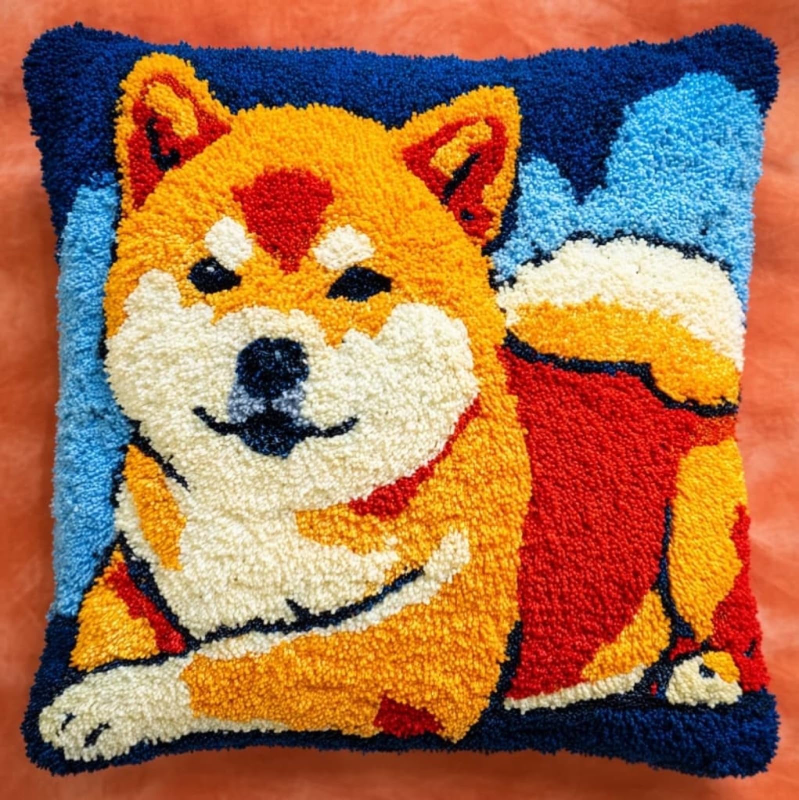 AxiangziK Latch Hook Pillow Kits with Yarn,Cute Akita Inu Complete DIY Cushion Making Craft Kits,43x43cm Latch Hook Adult Craft Kits for Women