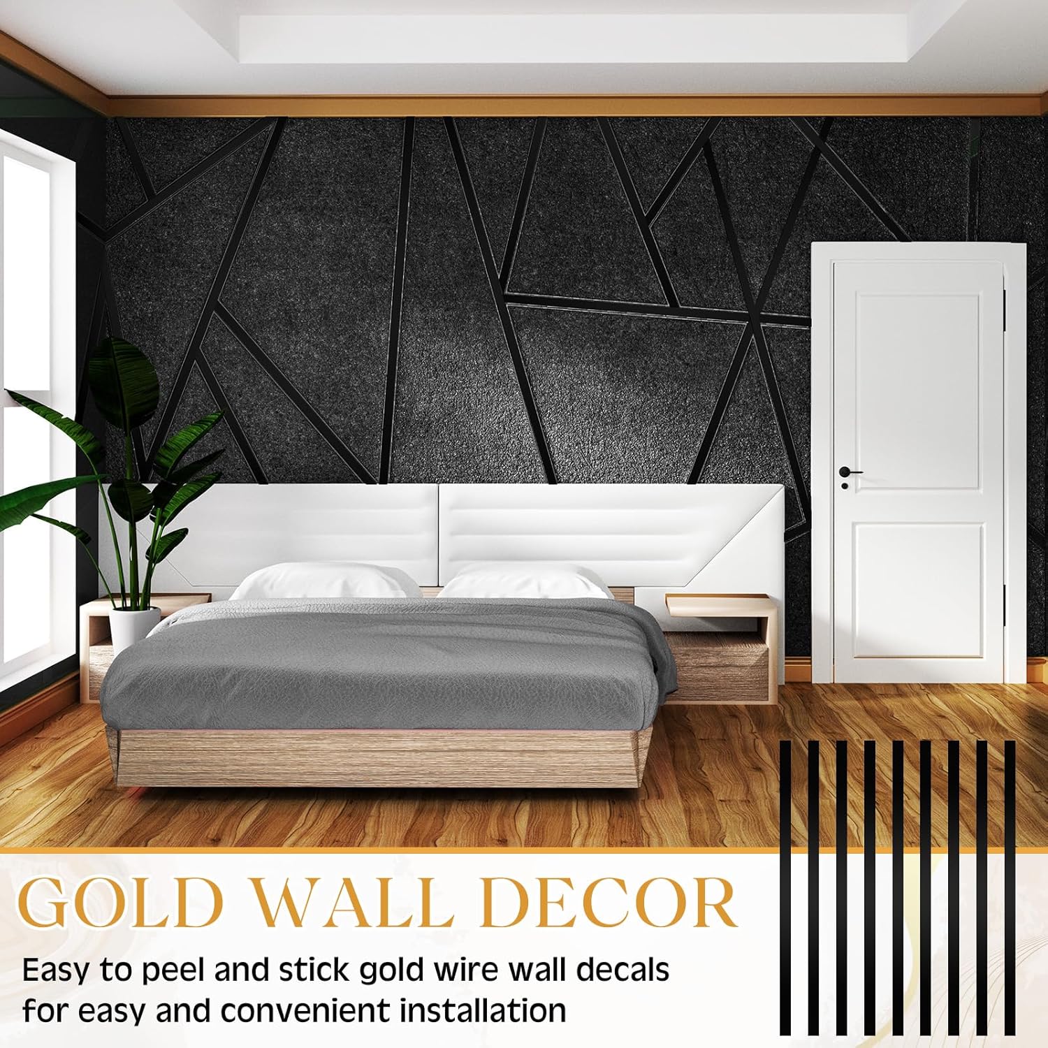 Hoolerry 24 Pcs Black Wall Decals Peel and Stick 70.8 x 1.2 Inch Black Tape for Wall Decor Metallic Line Adhesive Tile Stickers Mirror Stickers Graphic Tape for Home Crafts Decoration