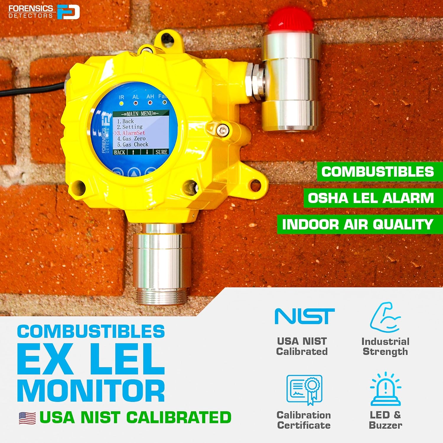 EX LEL Gas Detector by Forensics | Wall Mount Industrial Grade | Continuous Monitoring | USA NIST traceable Calibration | Adjustable Sound & Light Alarms | Relay Output | 0-100% LEL |