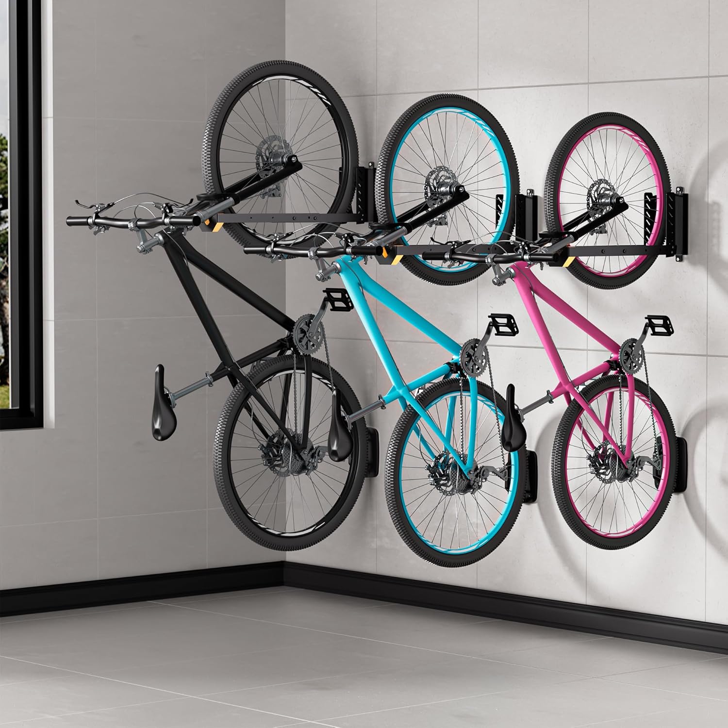 2 Pack Bike Wall Mount, Swivel Vertical No-Lift Bicycle Rack for Garage & Apartment Storage, 4 Sizes Adjustable Bike Wall Hanger Holds 77lbs, eBike MTB Road Bike Space-Saving Organizer