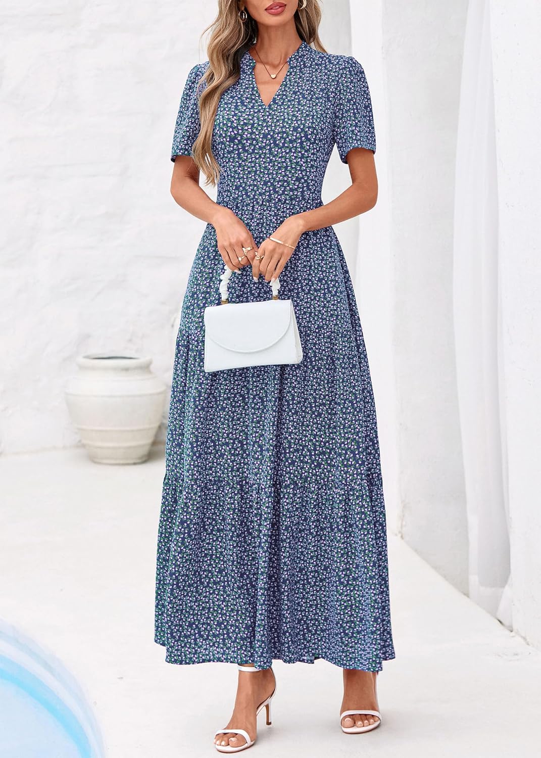 KIRUNDO Floral Maxi Dresses for Women Summer 2026 Short Sleeve V Neck Boho Flowy A Line Long Dress Beach Vacation Clothes