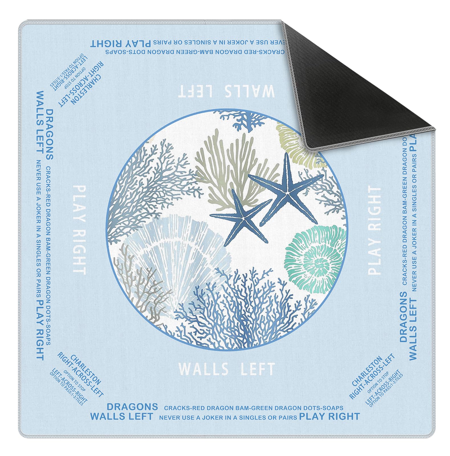 blue coastal beach mahjong mat 31.5 x 31.5 inch, nautical starfish coral non-slip noise reduction mahjong table mat for american mah jong poker card board games dominoes