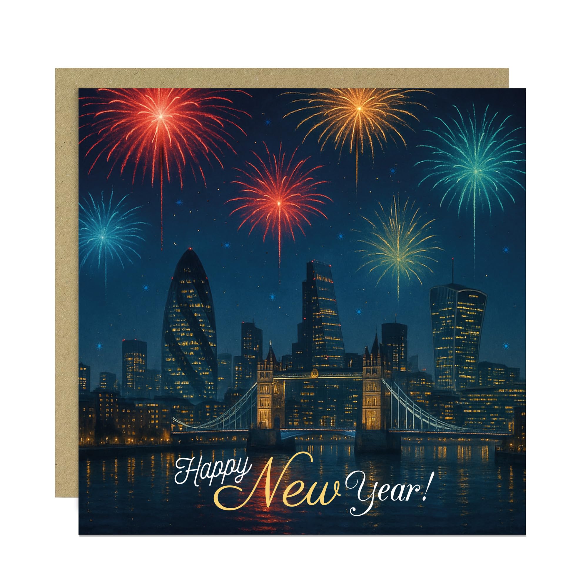 RED OCEAN New Year London Firework Scene Card Happy New Year Cards For Friends and Family Novelty Festive Cards 145x145mm With Kraft Envelope