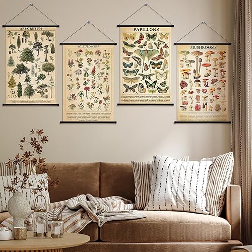 Miniatura 5 de Lewtemi Póster vintage de flores silvestres con hongos y mariposas, 4 unidades, impresiones ilustrativas para colgar en la pared, póster de tabla de