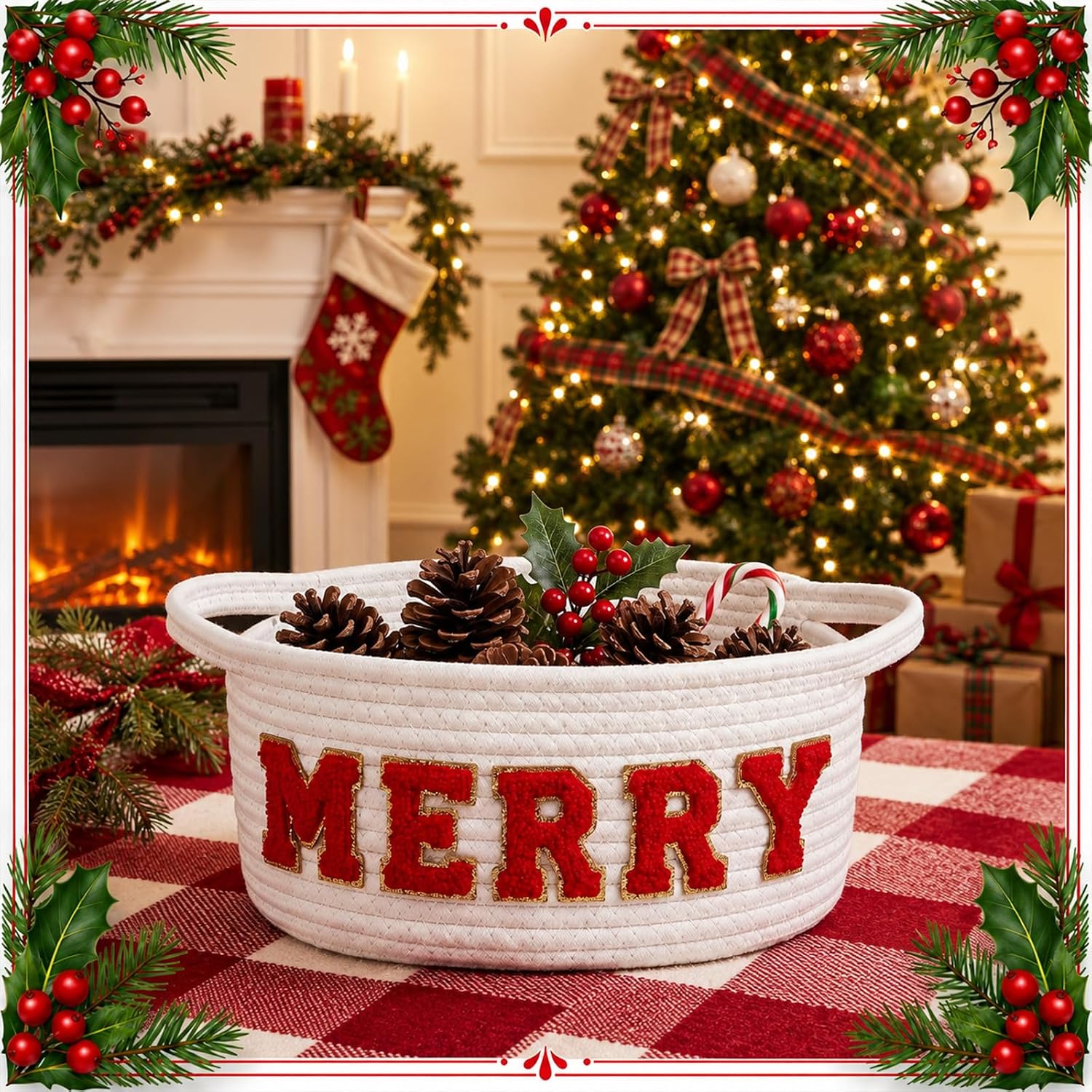Fumete Merry Christmas Chenille Woven Gift Basket Empty Xmas Decoration