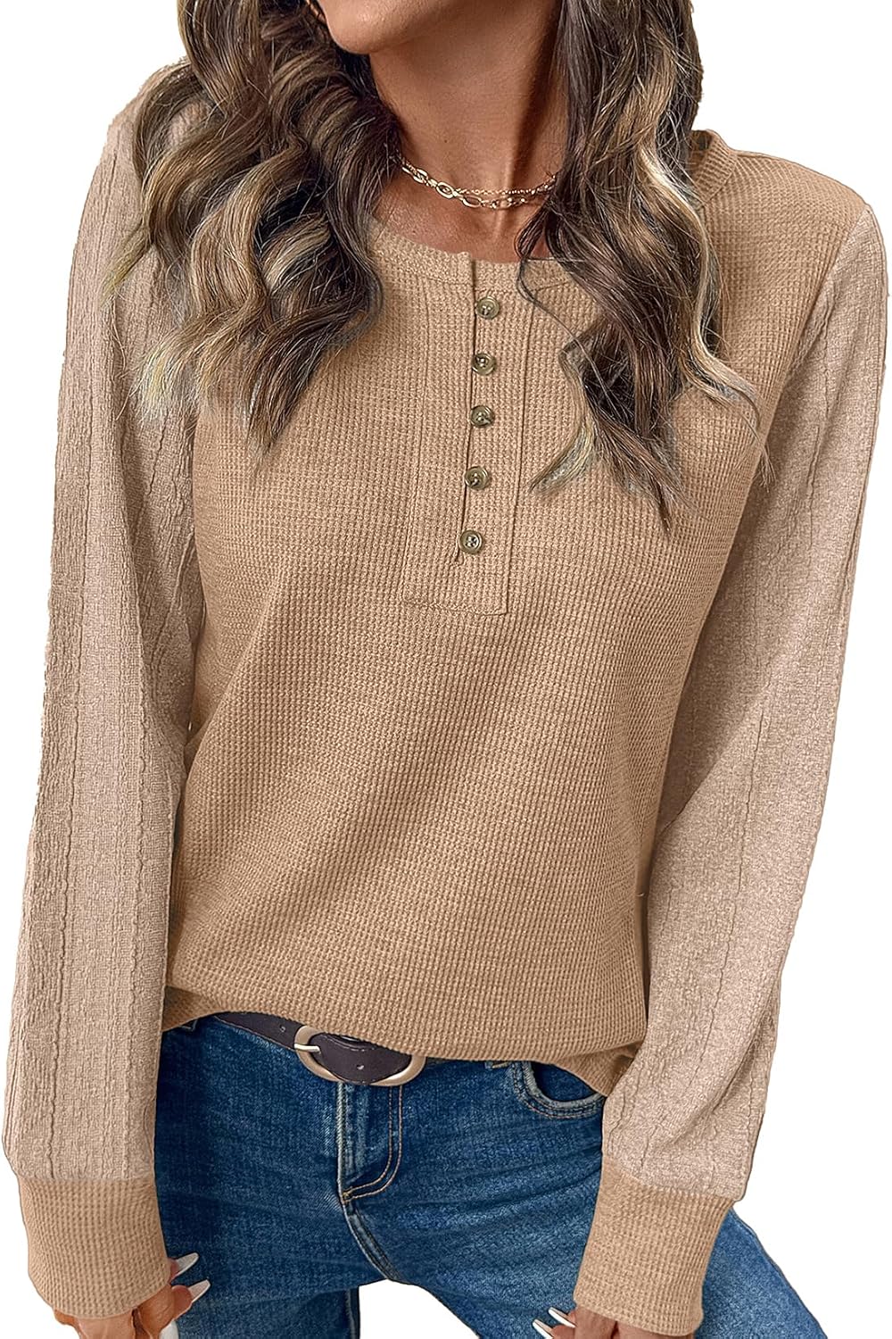 BLENCOT Womens Waffle Knit Tops Casual Long Sleeve Button Down Henley Basic Shirts