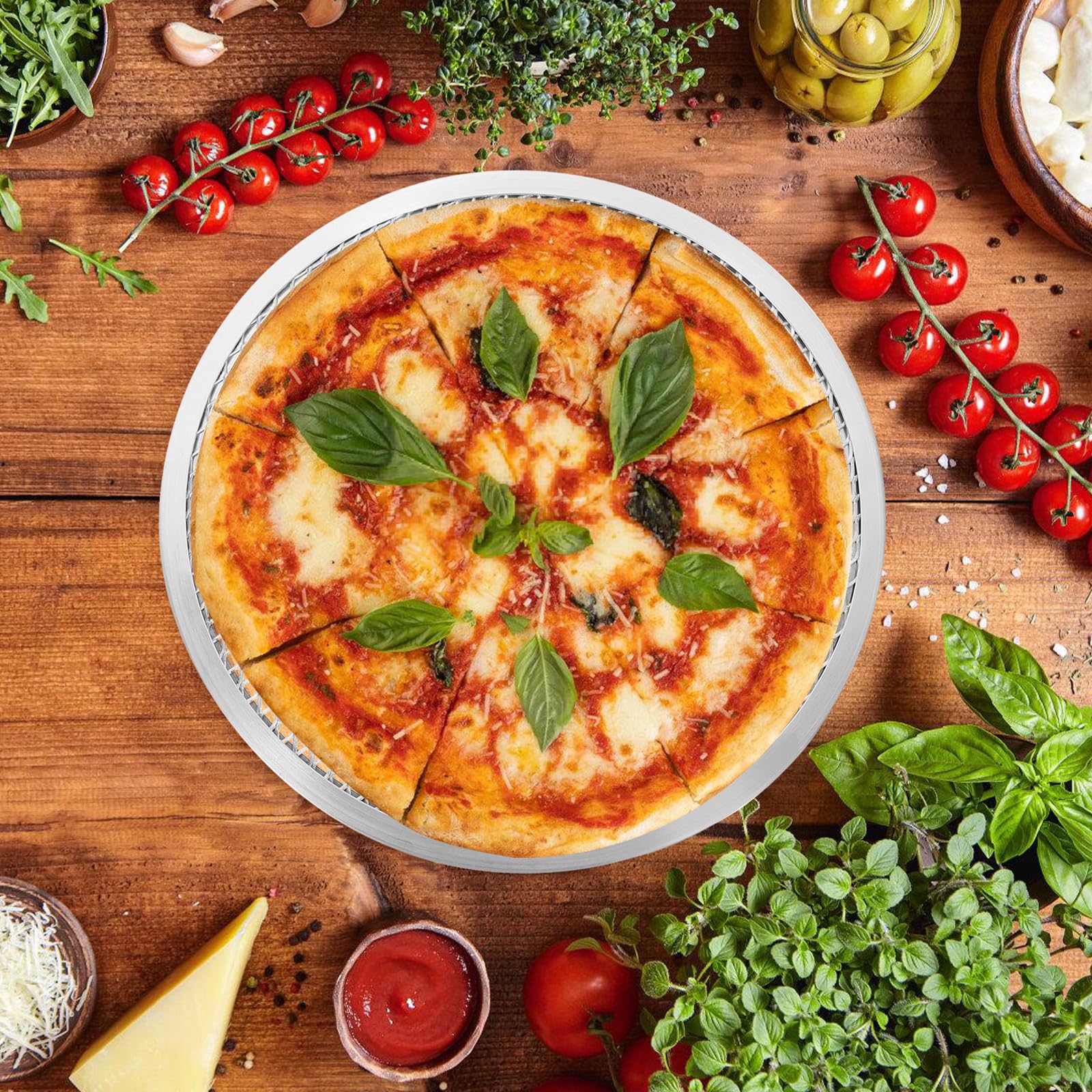 Abaodam Set de 3 Moldes para Pizza de Aluminio Reforzado (10, 12 y 14), Mallas para Hornear Pizza Aptas para Horno y Microondas, Utensilios Livianos para Cocina y Repostería Doméstica