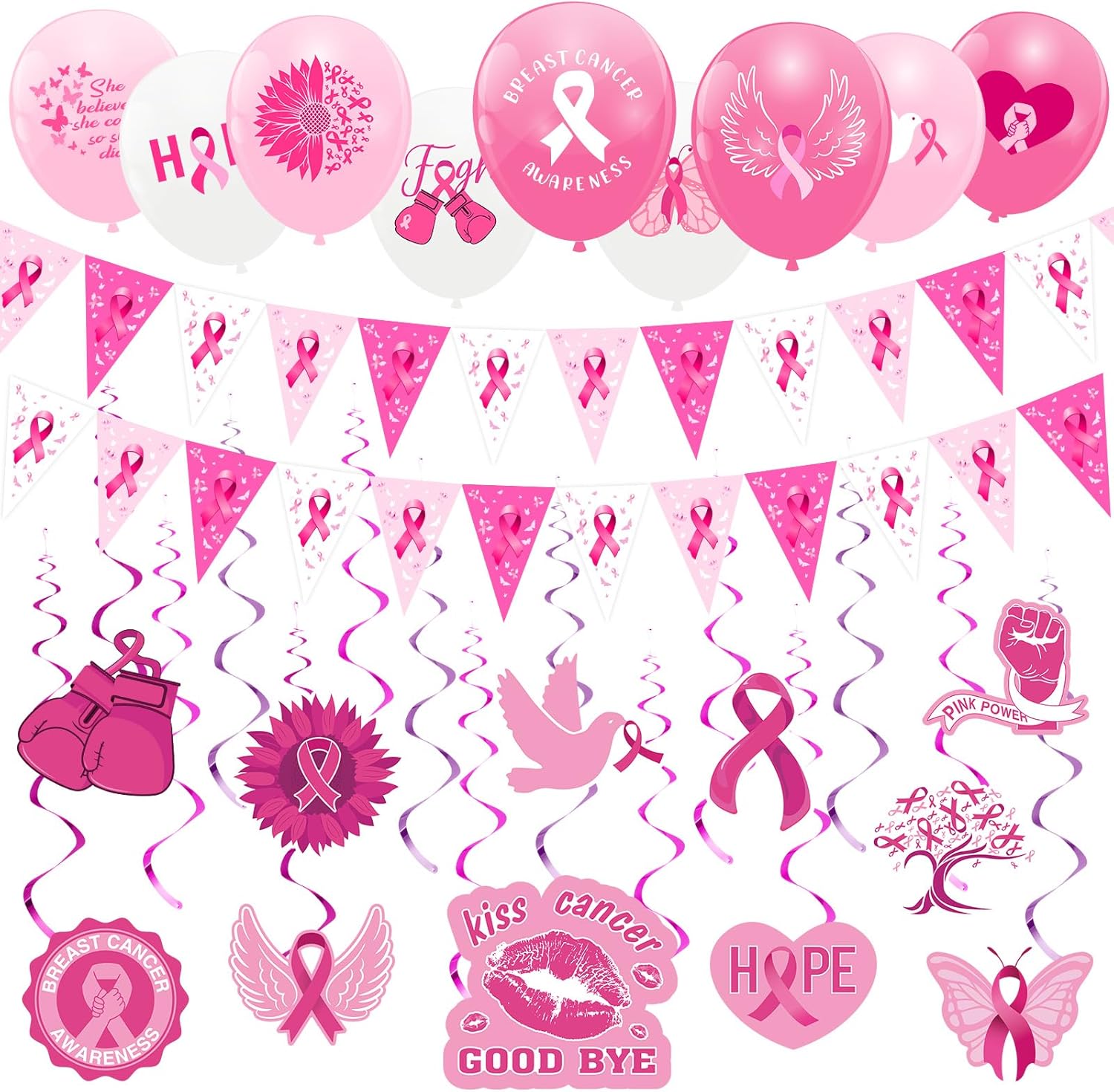 Libima 101 Pcs Breast Cancer Awareness Decorations, Pink Ribbon Hanging Swirls Cancer Awareness Pennant Banner Cancer Survivor Latex Balloon for Cancer Free Public Charity Activity Party Decor Supply
