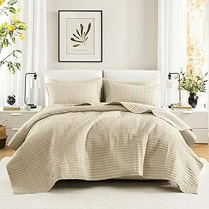 Comfort Spaces Kienna Quilt Set- Double Sided Stitching Design Summer Blanket, Lightweight, Soft, All Season Bedding Layer, Matching Sham, Ivory, Coverlet King (104"x90") 3 Piece