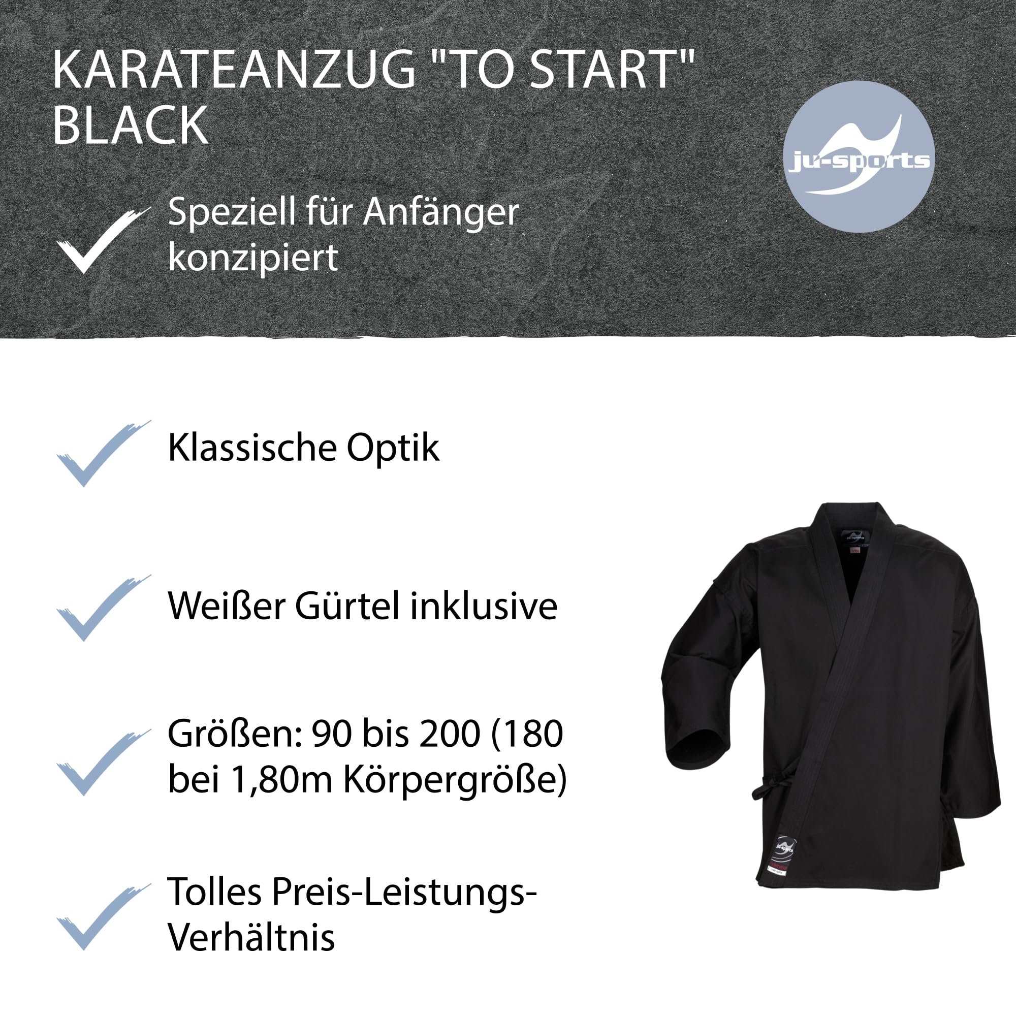 Ju-Sports to start Karateanzug Kinder & Erwachsene schwarz - Moderner, besonders leichter Karatekimono 100% Baumwolle, Ideal für Anfänger, Optimale Bewegungsfreiheit