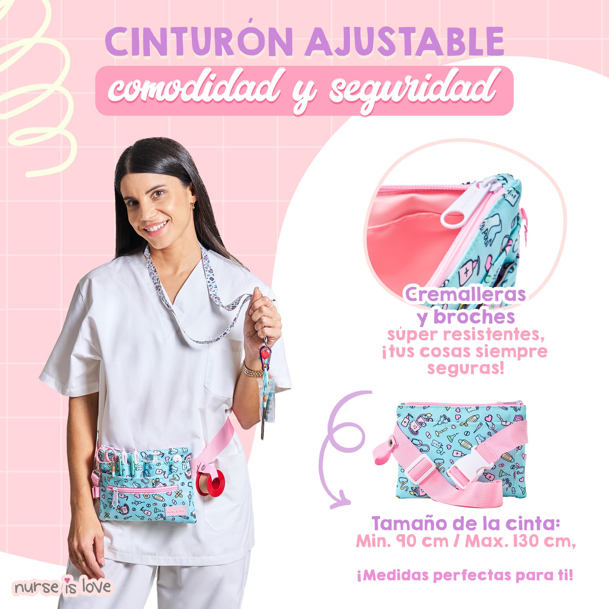 Nurse Is Love Riñonera Enfermera Aqua con Mosquetón | Organizador, Bolsa de Mujer Varios Bolsillos | Coloca Tijeras Enfermeria | Regalos Original | Tcae Accesorios