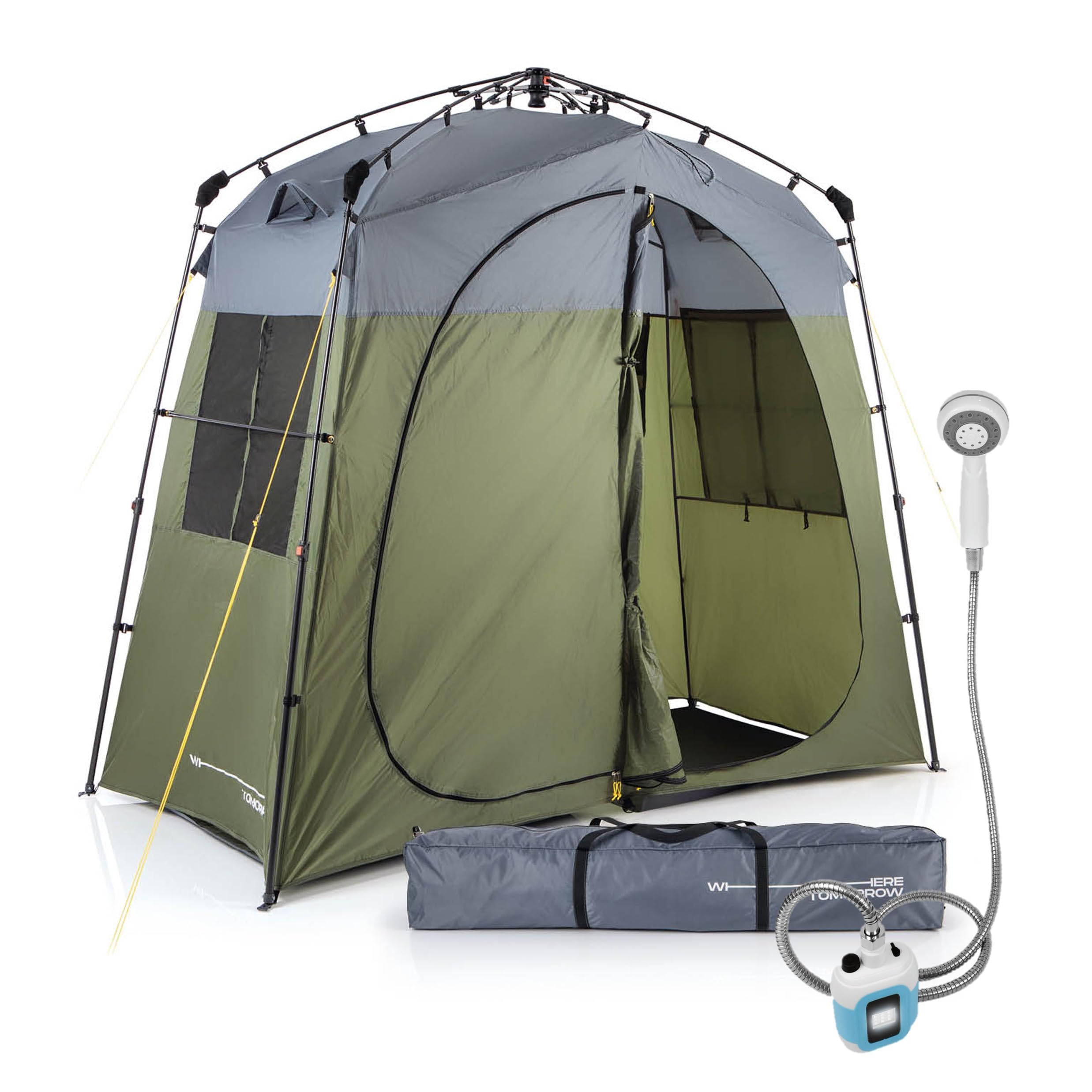LUMALAND Tenda da doccia di alta qualità + doccia da campeggio con batteria, ideale per campeggio, festival e pesca, impermeabile e antivento, tenda per WC per interni ed esterni, con doccia esterna e