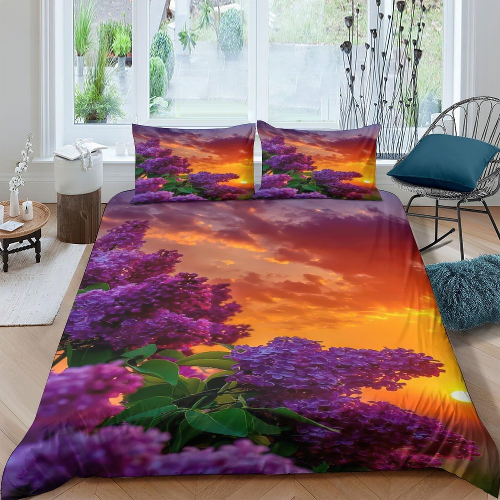 Ctjqhvkz Style-1 3D Printed Sunset Lavender Fitted Sheet Microfiber Soft Purple Floral Mattress Cover Bedroom Dorm Decor Single（135X200cm）