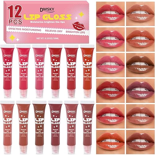 Dmsky 12 Pack Lip Gloss Set, 12 Colors Lip Oil for Dry Cracked Lips, Moisturizing Lip Balm Infused with Vitamin E for a Sheer Tint Of Color