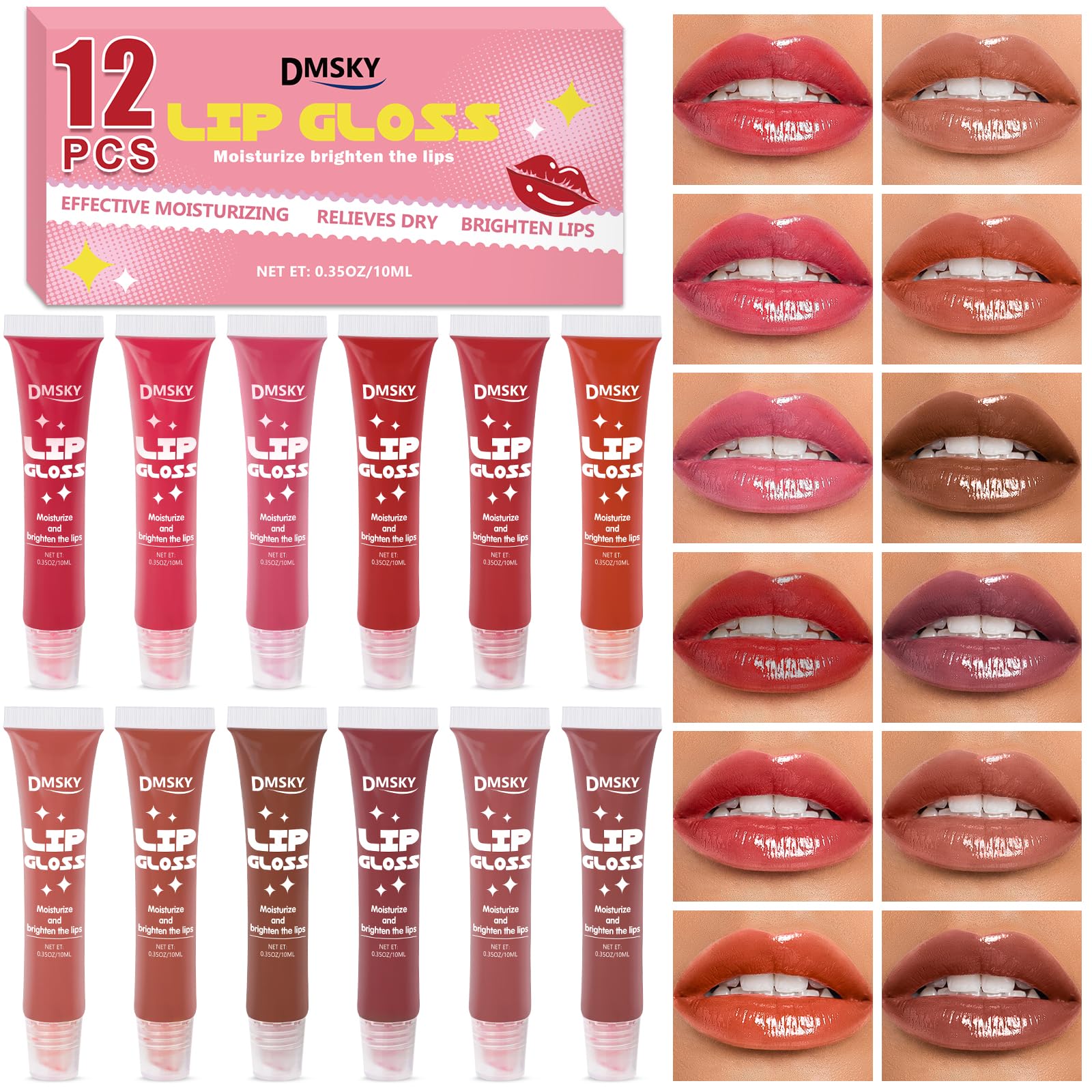 Dmsky 12 Pack Lip Gloss Bulk Set, 12 Colors Lip Oil for Dry Cracked Lips