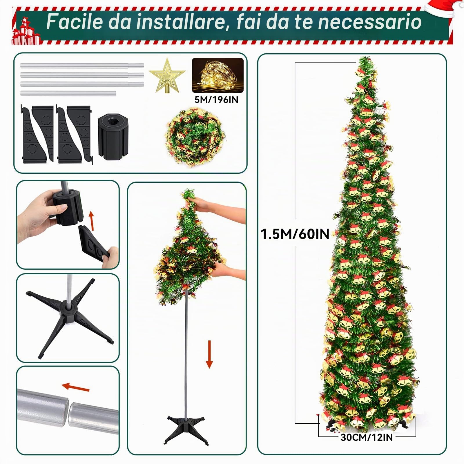150cm albero di natale pop up con luci incorporate,christmas tree pieghevole con 1 stella e 50 Luci LED,albero di natale pronto in 5 minuti,decorazione d'interni natalizia,paillettes a campana