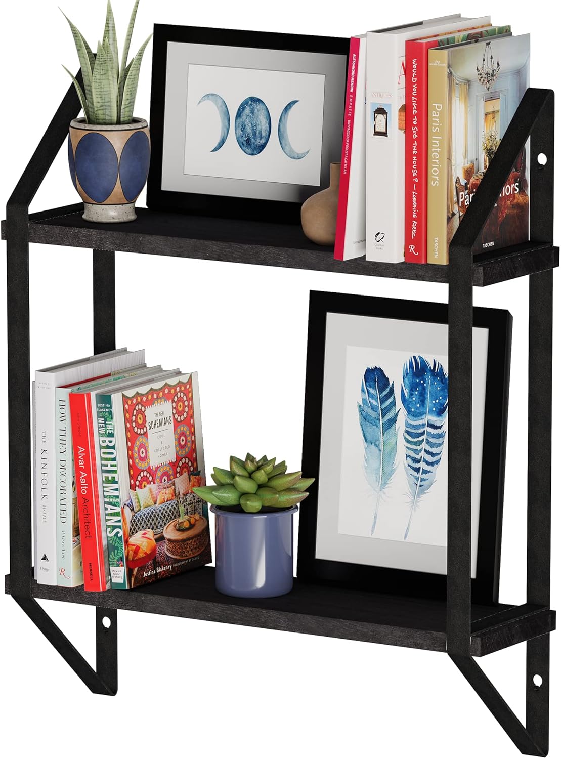 Wallniture Ponza Floating Shelves for Wall, Bathroom Organizer, 2 Tier Bookshelf Living Room, Kitchen Organization Black Wall Shelves for Office Decor