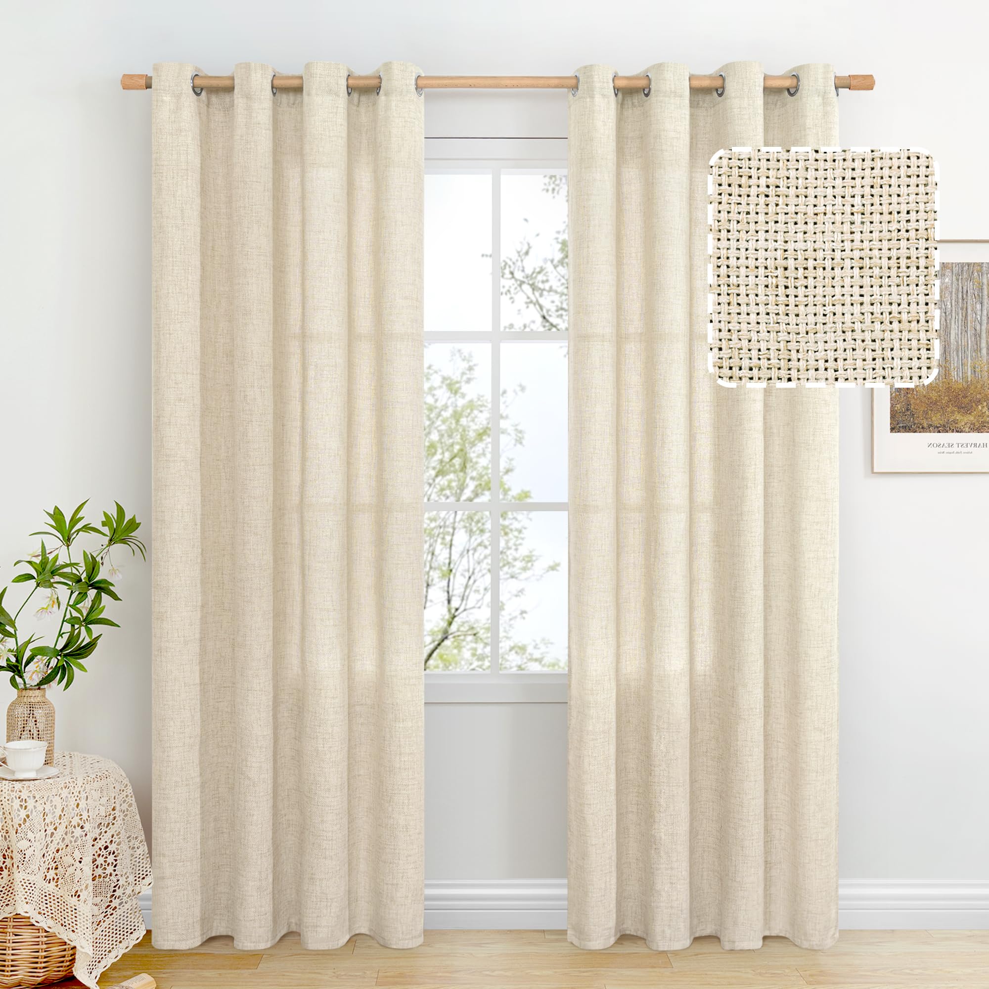 bgment beige linen curtains 84 inch long for living room - burlap textured light filtering window treatments grommet sheer drapes for farmhouse, 2 panels, 52 x 84 inch