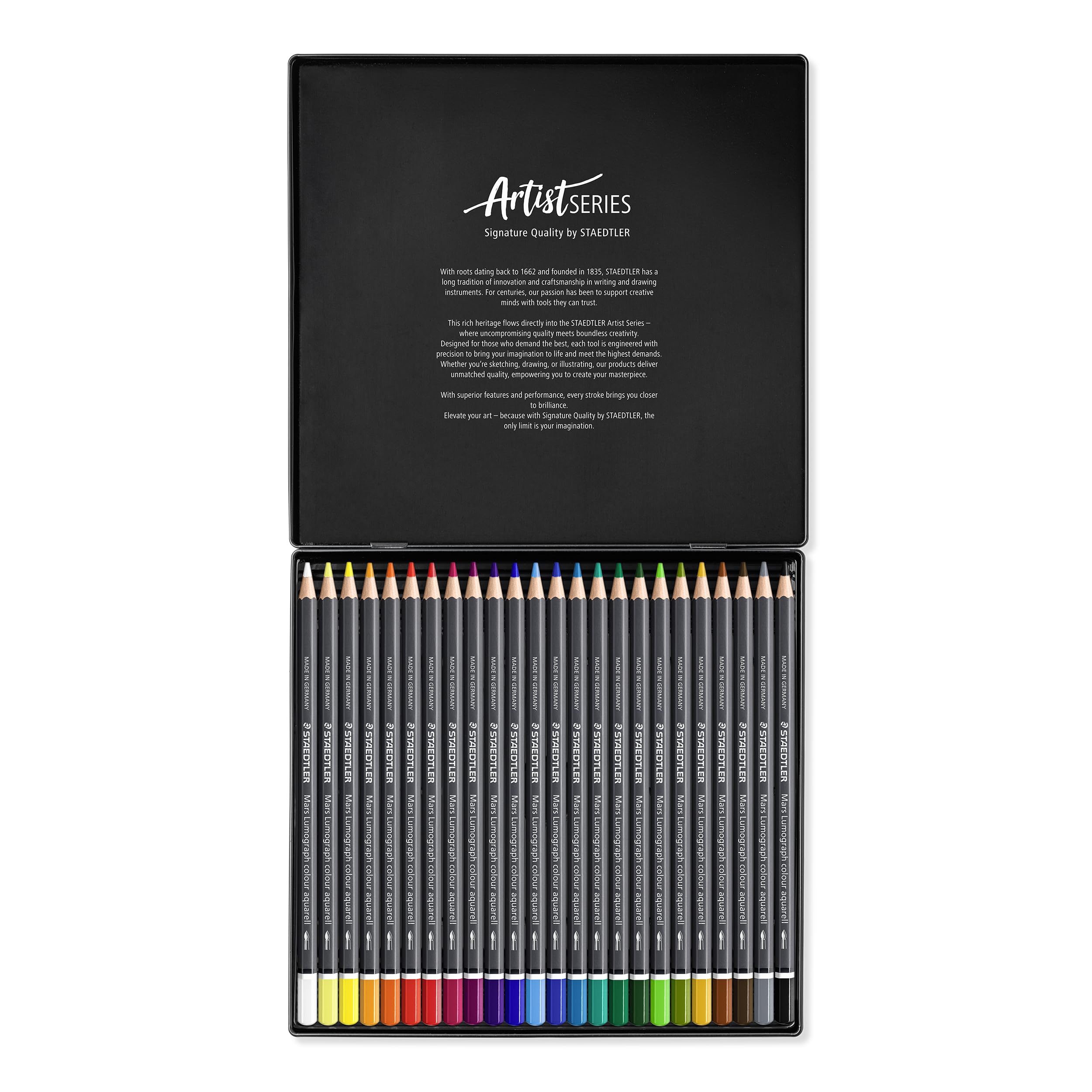 STAEDTLER Set 24 Aquarellfarbstifte wasservermalbar, hochwertige Künstler-Farbstifte, farbintensiv & lichtbeständig und Wasserpinsel mit robuster Nylonspitze