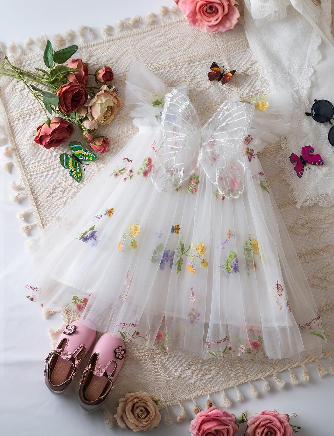 SEAUR Toddler Girls Floral Embroidery Tulle Dress Fairy Sleeveless Tutu Princess Dresses Mesh Butterfly Wings Dress