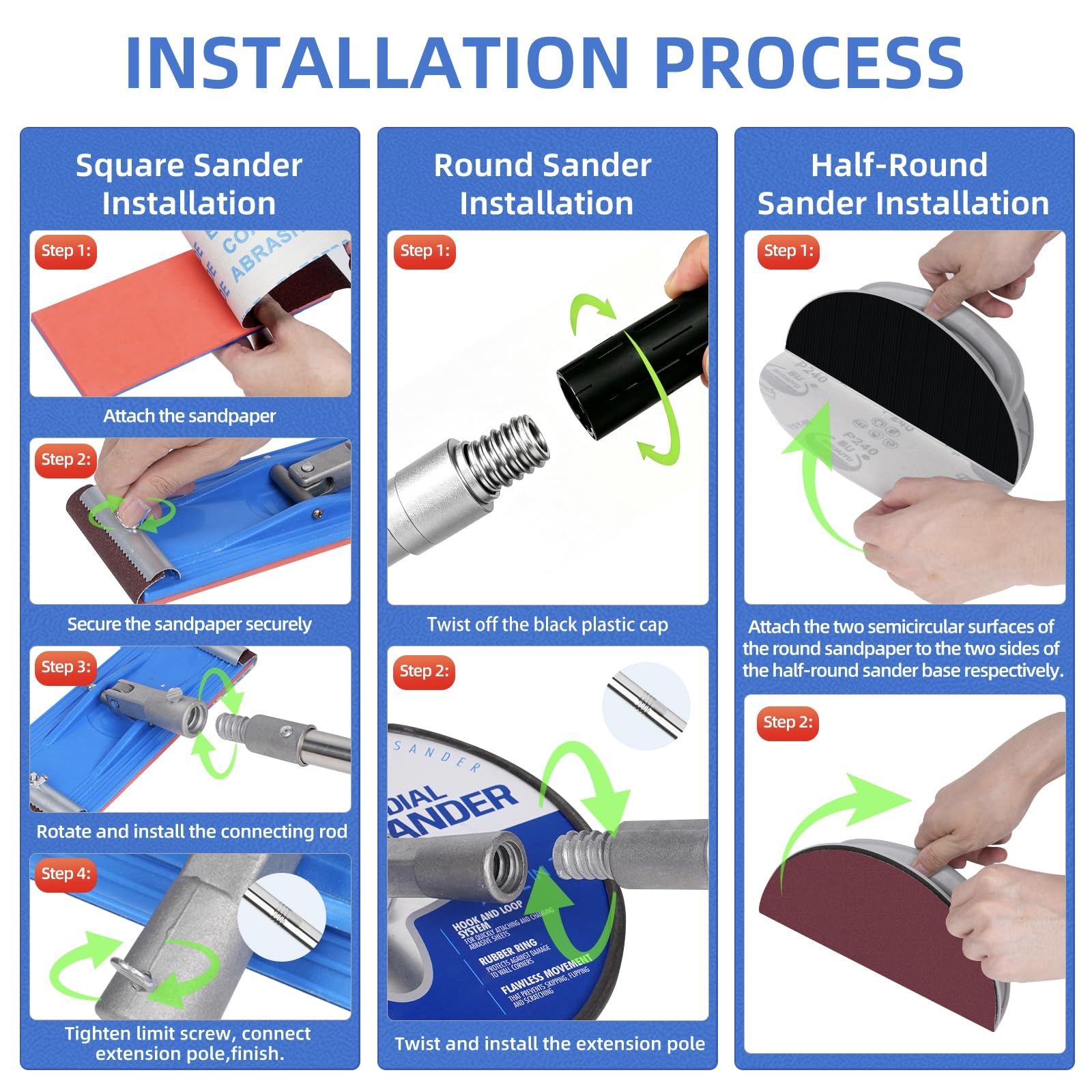 Kit de lijadora de poste de yeso con lijadora de detalles de mano, herramientas de lijadora de pared para preparación de pintura, lijado de esquinas y extracción de techo de palomitas de maíz