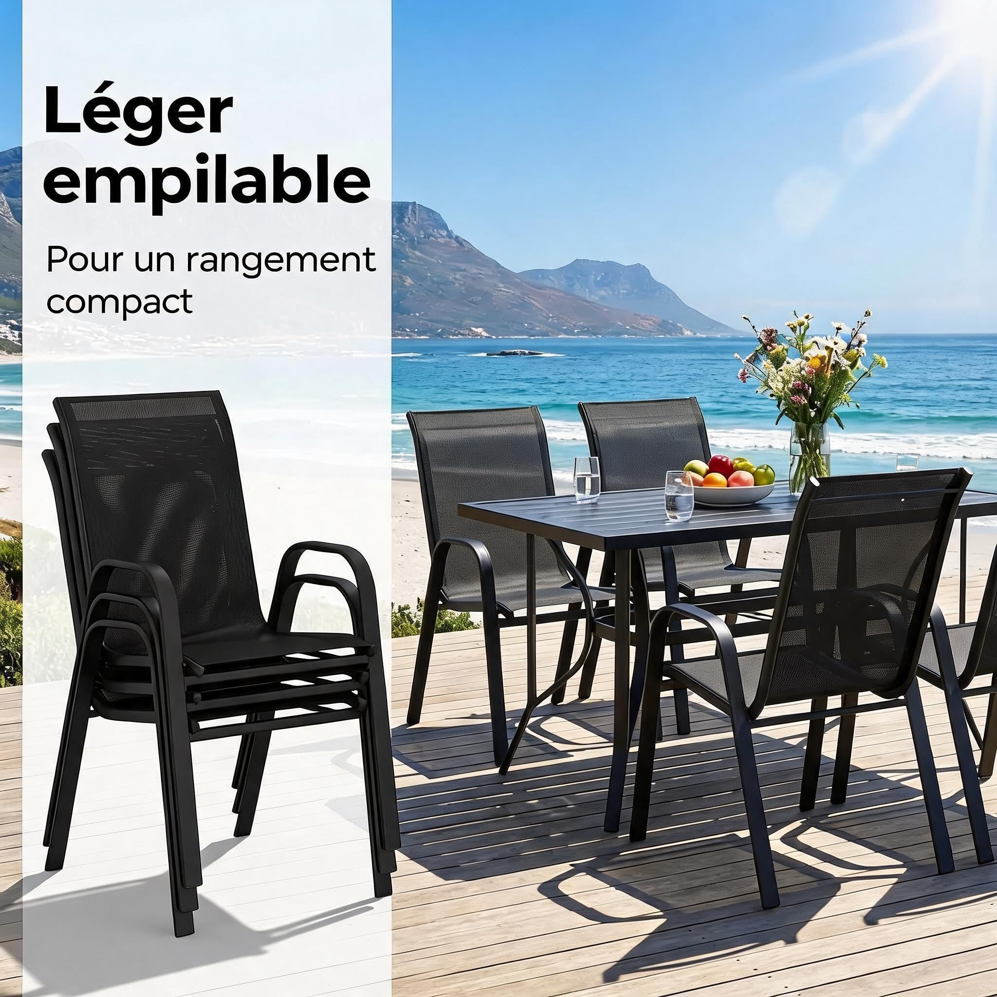 Lot de 4 chaises de Patio empilables avec accoudoirs - Noir