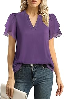 Womens Dressy Chiffon Blouses Summer Puff Petal Short Sleeve Shirts V Neck Casual Work Tops - Buy now