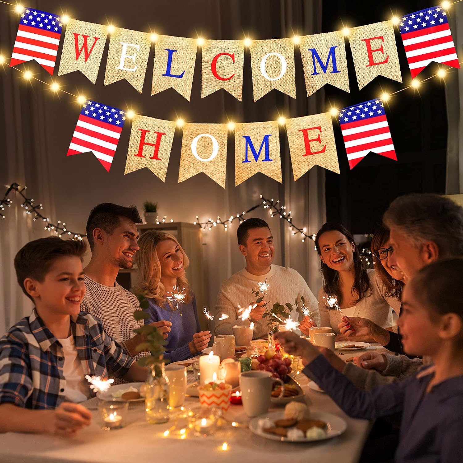 Welcome Home Banner Decoration with LED Fairy String Light 2 Flicker Mode, Patriotic Banner Bunting Welcome Home Sign for Housewarming Military Decoration Family Party 4th of July Supplies