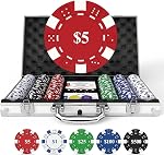 HEITOK 300pc Poker Chip Set 11.5g Iron Core Denominations Texas Holdem | 2-8 players, numbered values $1/$5/$25/$100/$500, aluminum case, cards, dice, dealer/small/big blind buttons, Blackjack