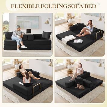 Antetek 78 Convertible Futon Sofa Bed, 3-Seater Modern Corduroy Foam Floor King Size Bed Foldable Sleeper Lounge Loveseat Sofa Couch with 2 Throw Pillows for Living Room Bedroom Guest Room, Black