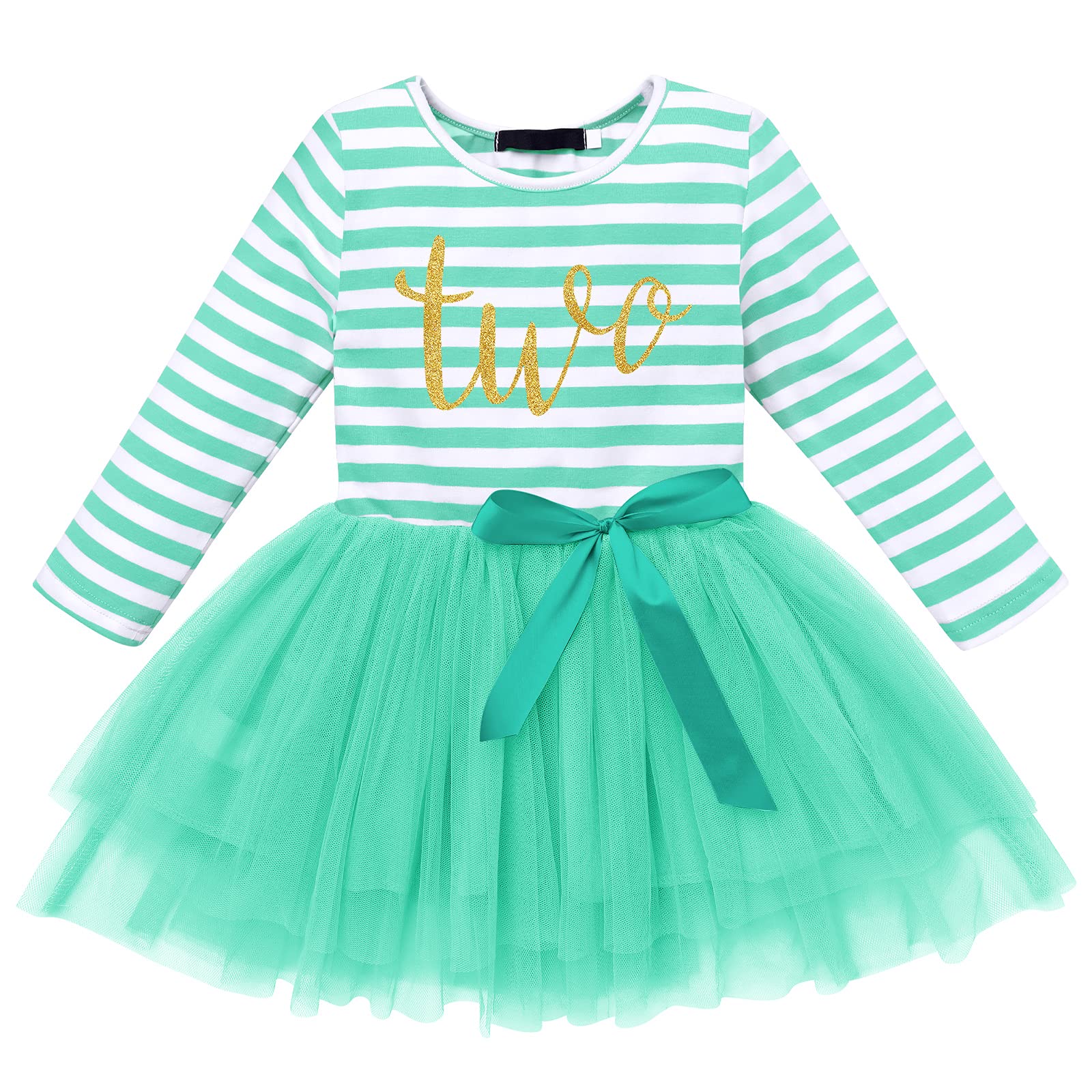 ODASDO Girl Striped Birthday Dress Baby Toddler Kid 2nd Second Two Years Old Party Cake Smash Outfit Striped Long Sleeve Bowknot Tutu Tulle Princess Skirt Pageant Evening Clothes Photo Props Turquoise