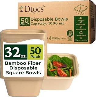 Dtocs Bamboo Bowls 32oz (50 Pcs) | Large Serving Disposable Square Bowls | Microwavable Heavy Duty Bowls for Soup, Pasta, Leak Proof, Alt Bagasse, Plastic, Styrofoam, Square paper Bowls