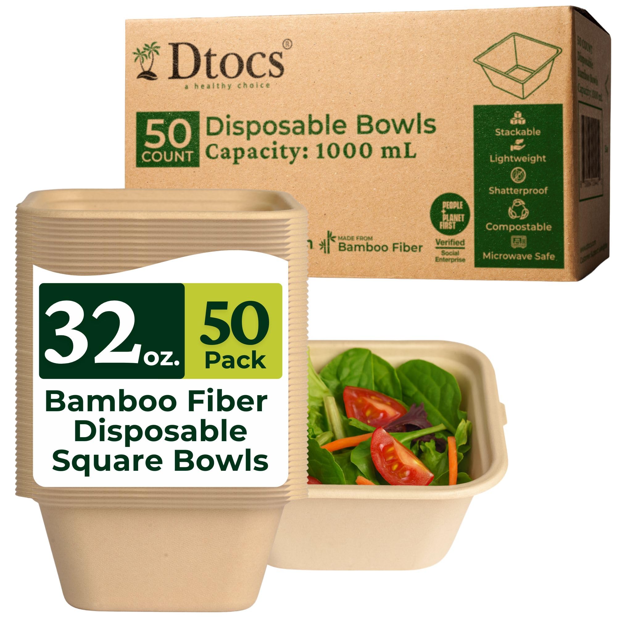 Dtocs Bamboo Fiber Disposable Bowls – 32 Oz, 50 Pk | Bamboo Square Bowl | Microwavable Bagasse Bowl like Soup, Cake, Salsa, Salad bowls | Disposable