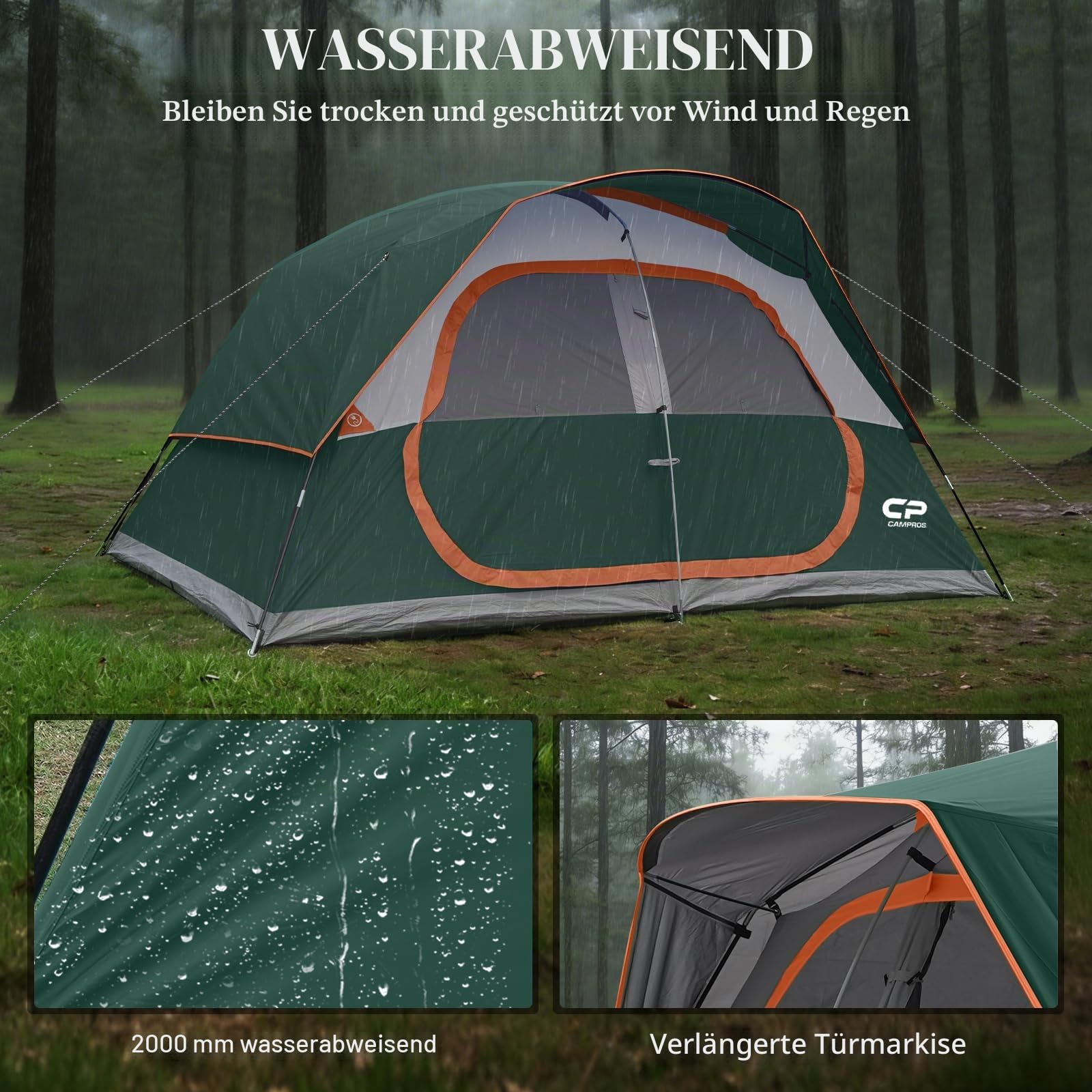 CAMPROS CP Familienzelt 6-8 Personen mit Stehhöhe 193CM, Großes Campingzelt wasserdicht mit Vorzelt & Belüftung, Cabin Zelt für Familien Camping & Festival