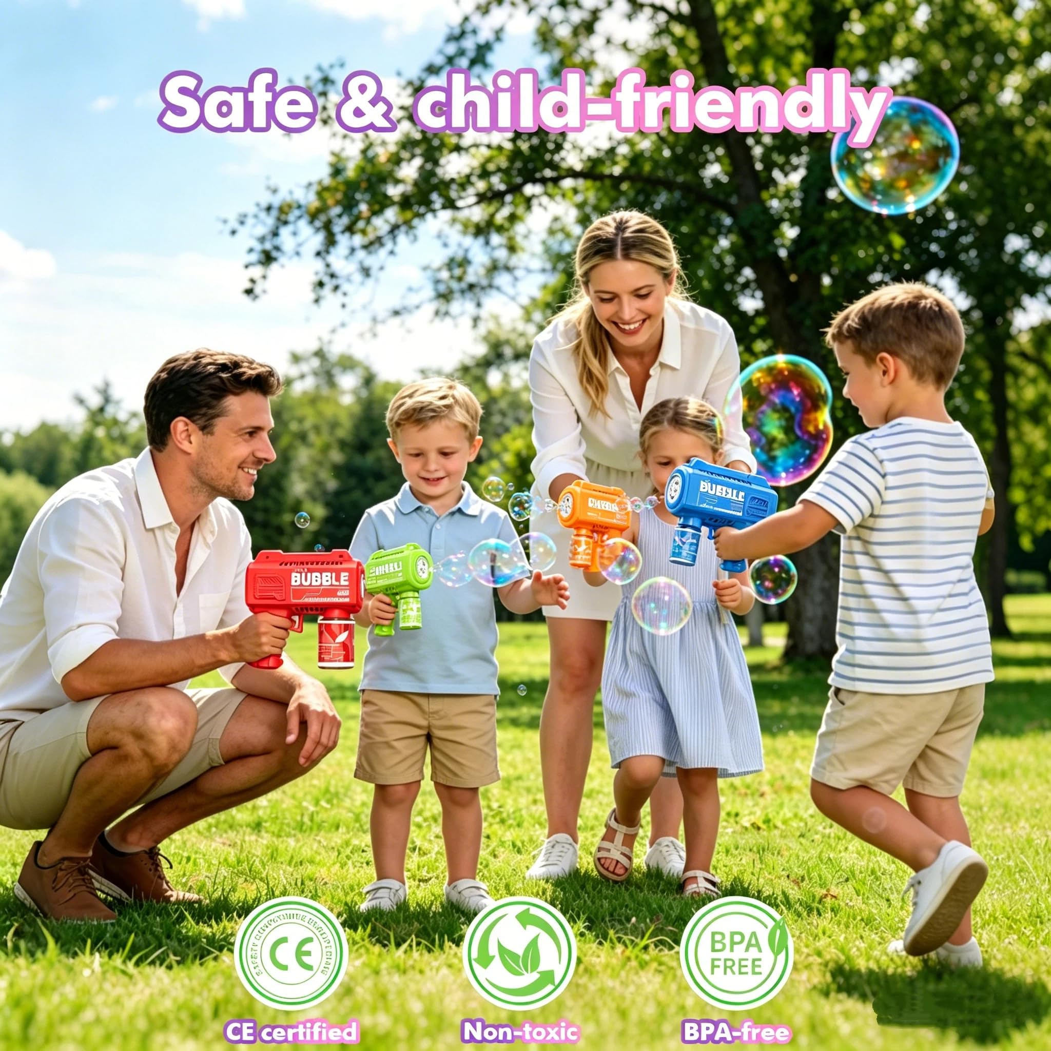 PANACARE Seifenblasenpistolen 4er Set, Bubble Gun 5000+ Blasen/Min LED Licht für Kinder Geburtstag Party