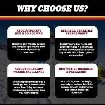 Rub N Go All Temperature Ski and Snowboard Wax - Long Lasting, Easy to Apply Ski & Snowboard Wax, All Weather Conditions (70g) not a hot wax, no tools required. Up to 8 applications per stick.