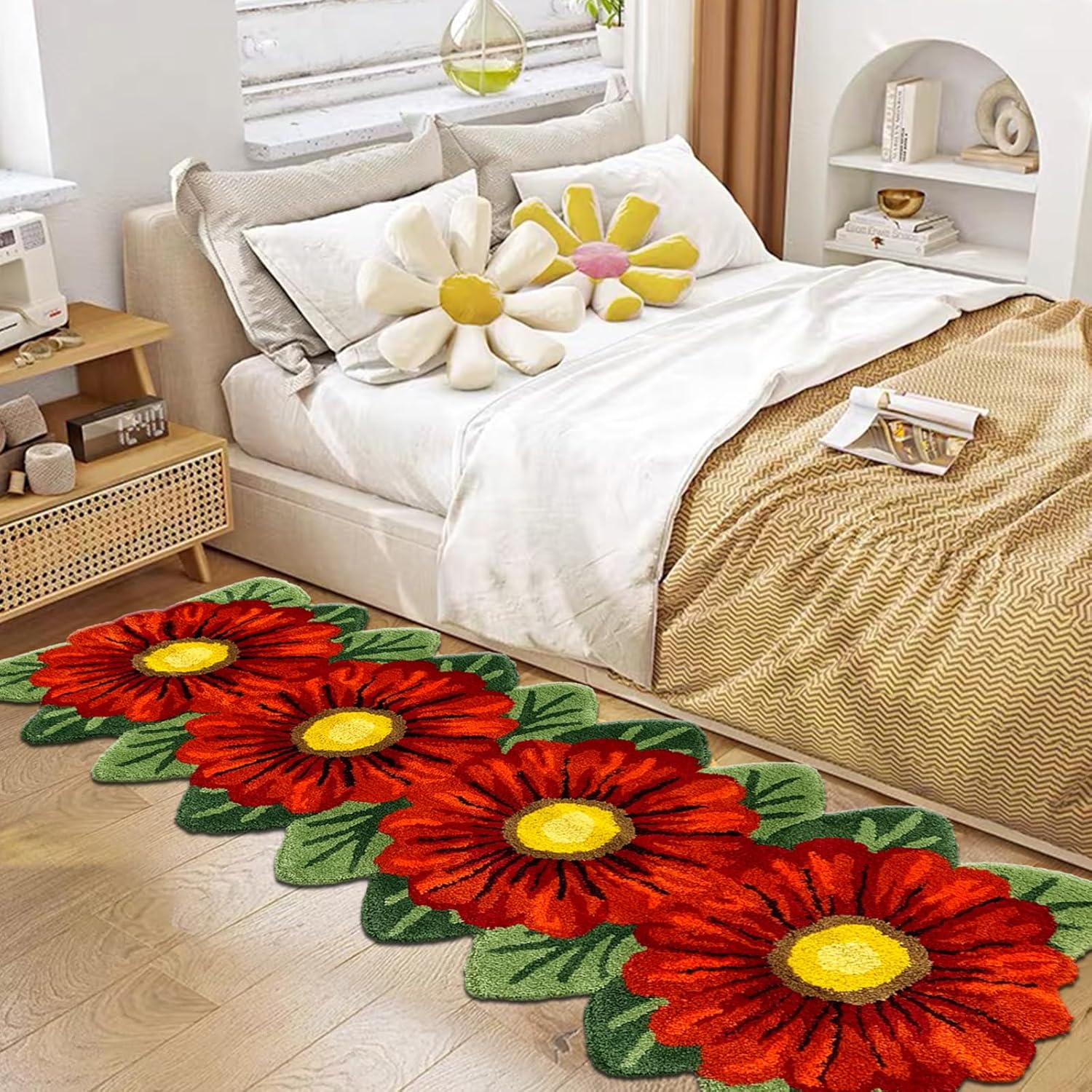 Sunflowers Runner Rugs,4 Red Floral Mat Floral Shaped Bath Rug Thick Washable Carpet Handmade Absorbent Shaggy Area Rugs for Bedroom Bathroom Shower/Doormat 23.6''x63''