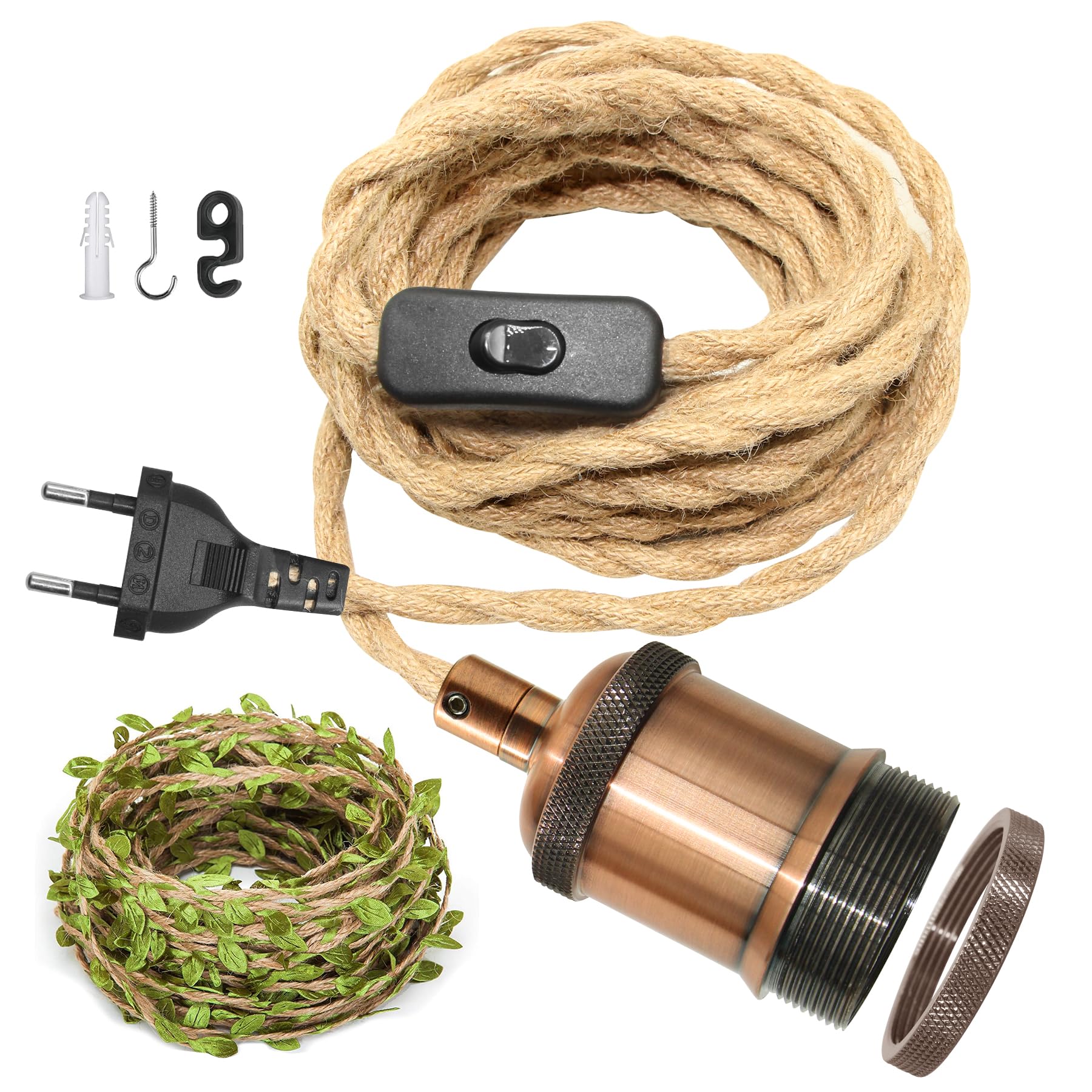 ZRLXFM Lampenfassung E27 mit Hanfseil Kabel, Lampenkabel mit Schalter und Stecker, Geeignet für Vintage Pendantlampenschirme Mit einer 5M langen grünen Blattdekoration（Burgunderrot）