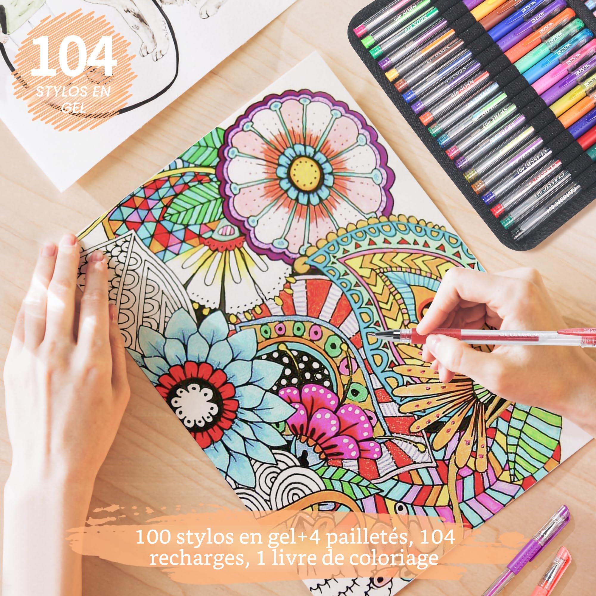 ZSCM Lot de 202 stylos gel pour livres de coloriage pour adultes, 104 crayons d'artiste comprennent 100 stylos de couleur, 4 stylos métalliques Sparkles avec 98 recharges, stylo gel métallique pour