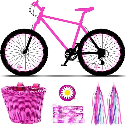 Juego de serpentinas de cesta de bicicleta para niños, cesta de mimbre para manillar de bicicleta con 2 luces LED para rueda de bicicleta,