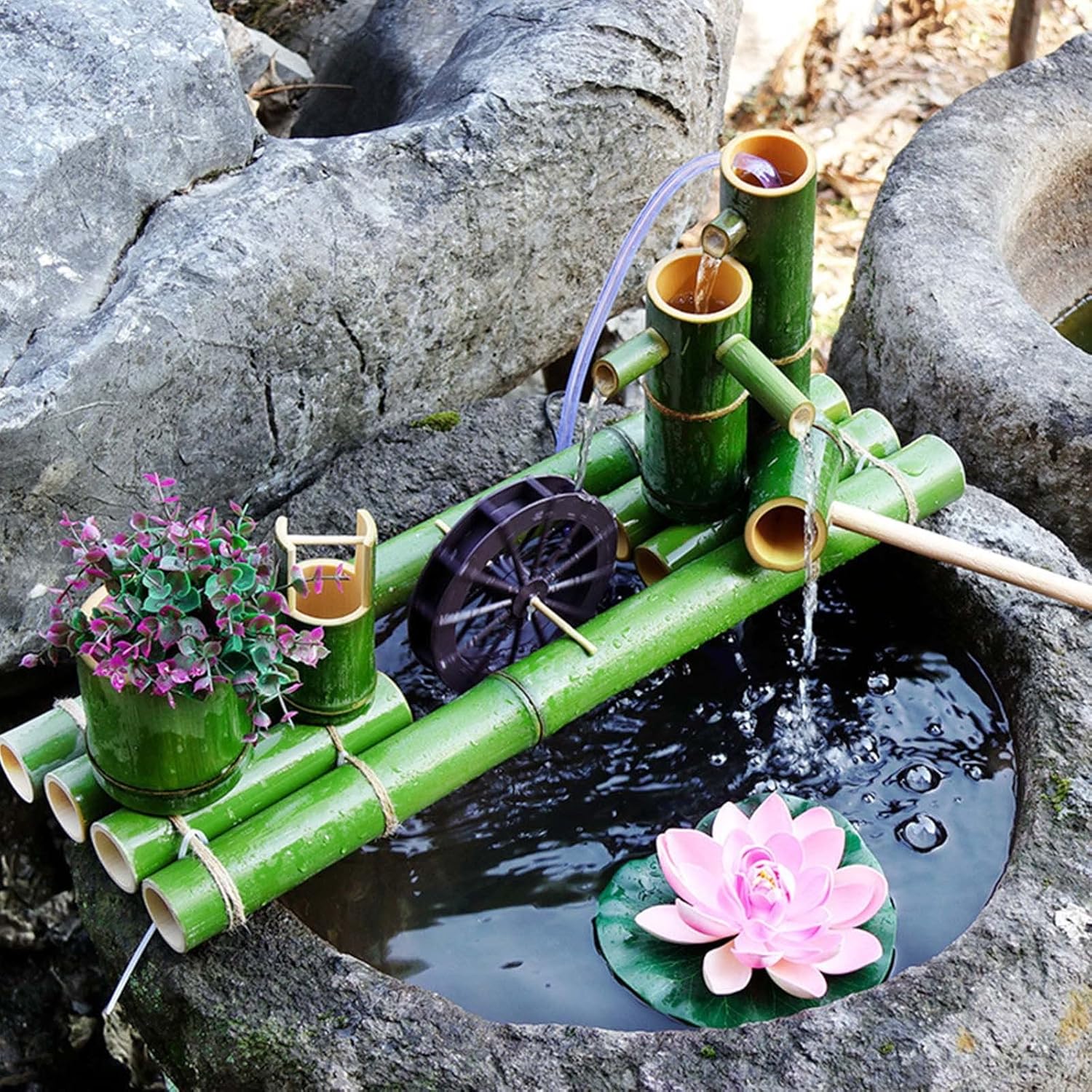 Bamboo Water Feature Outdoor,Bamboo Fountain kit Feng Shui Wheel Water Fountain with Pump Fountain Pump for The Garden, Bird Bath, Fish Tank,70cm ()
