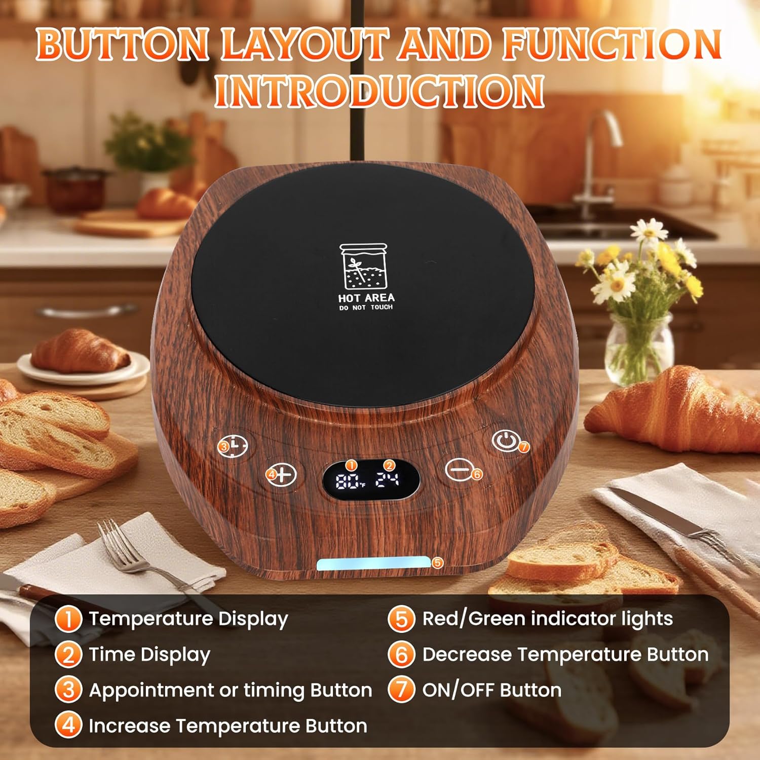 Sourdough Starter Warmer Mat with Glass Dome Precise 1°F Thermostat Control (70-104°F) 0-24H Timer Automatic On/Off Sour Dough Warmer and Glass Cover for Home Baking（Wood Grain） - Image 8