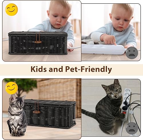 Miniatura 4 de Cable Management Box, Handwoven Faux Rattan Cord Organizer Box with Lid, 2 Open Slots Cable Organizer Box, Decorative Cord Hider Box for Tv Computer