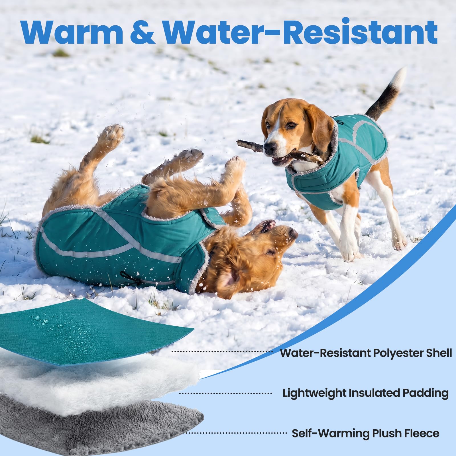 VIVAGLORY Abrigo Cálido para Perro, Abrigos para Perros en Clima Frío con Detalles Reflectantes, Chaqueta de Invierno a Prueba de Nieve y Viento, Turquesa, M